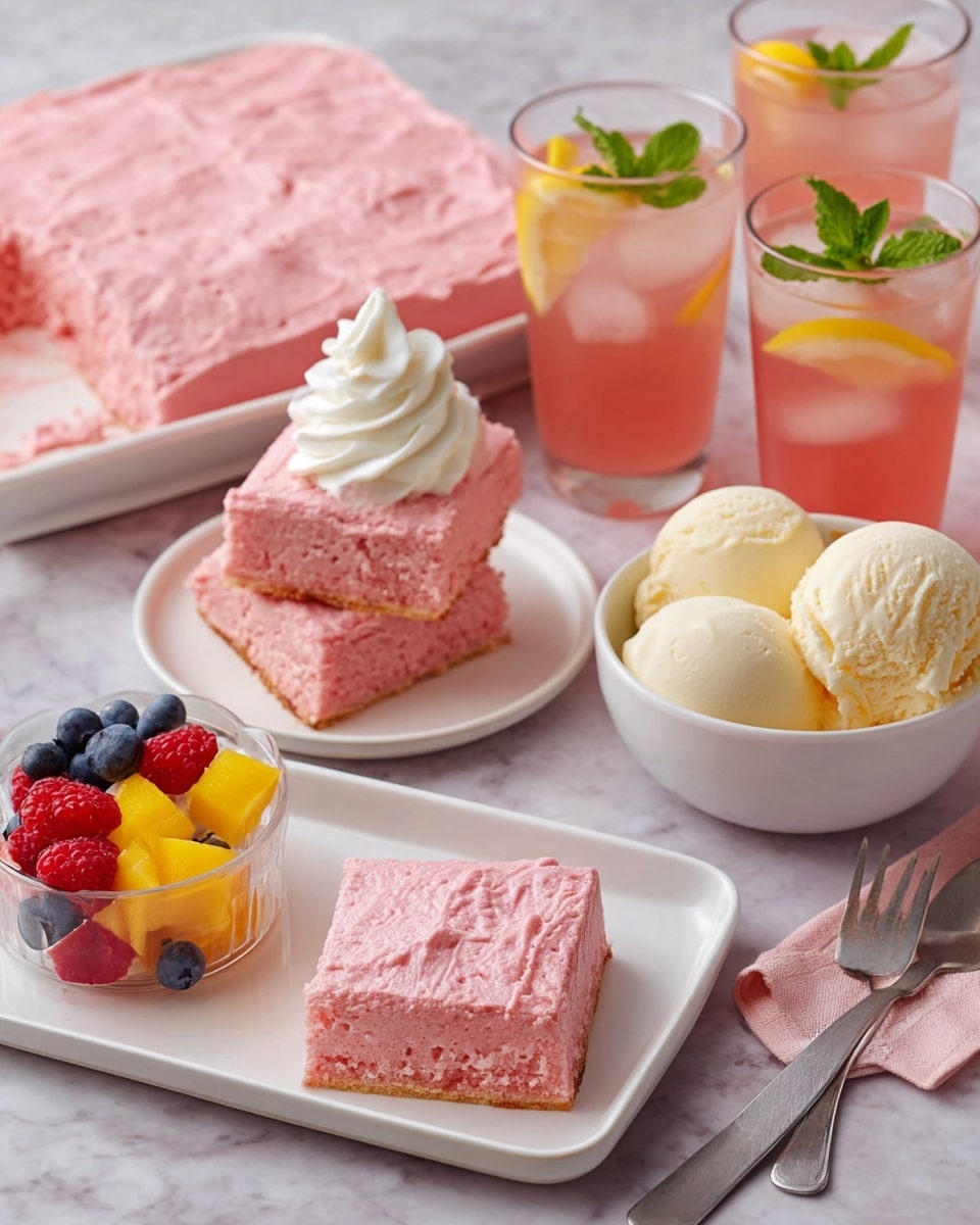 A close-up image of a single-layered pink cake with a soft and airy texture. The top layer is thick, smooth pink frosting spread evenly, decorated with small multicolored sprinkles and thin lemon zest strands scattered across the surface. Two thin yellow lemon slices with visible seeds rest on top near the edge. The cake sits on a white marbled surface, showcasing the gentle crumb of the cake beneath the frosting. Photo taken with an iphone --ar 4:5 --v 7