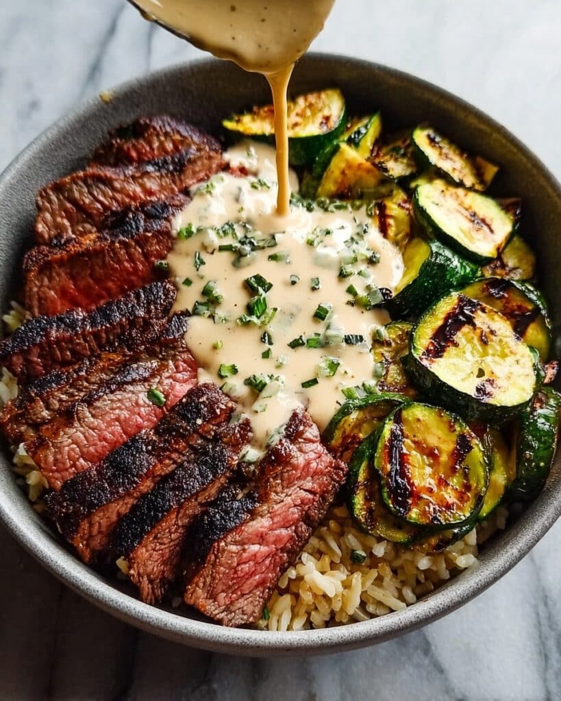 Grilled Steak Bowl with Creamy Herb Sauce and Grilled Zucchini Recipe