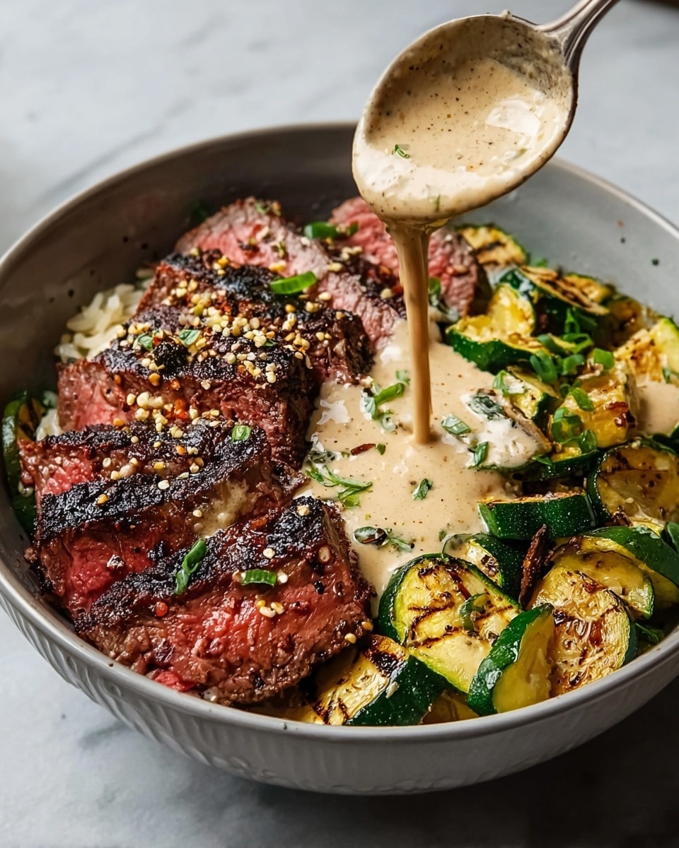 A white bowl filled with three main layers: on the left, several thick slices of medium-rare steak with a charred crust and visible pink center, topped with some mustard seeds; in the middle, a creamy light beige sauce with green herbs being poured from a spoon onto the steak and surrounding areas; on the right, grilled zucchini slices that are golden brown and green, scattered with black pepper and herbs. The bowl sits on a white marbled surface. Photo taken with an iphone --ar 4:5 --v 7