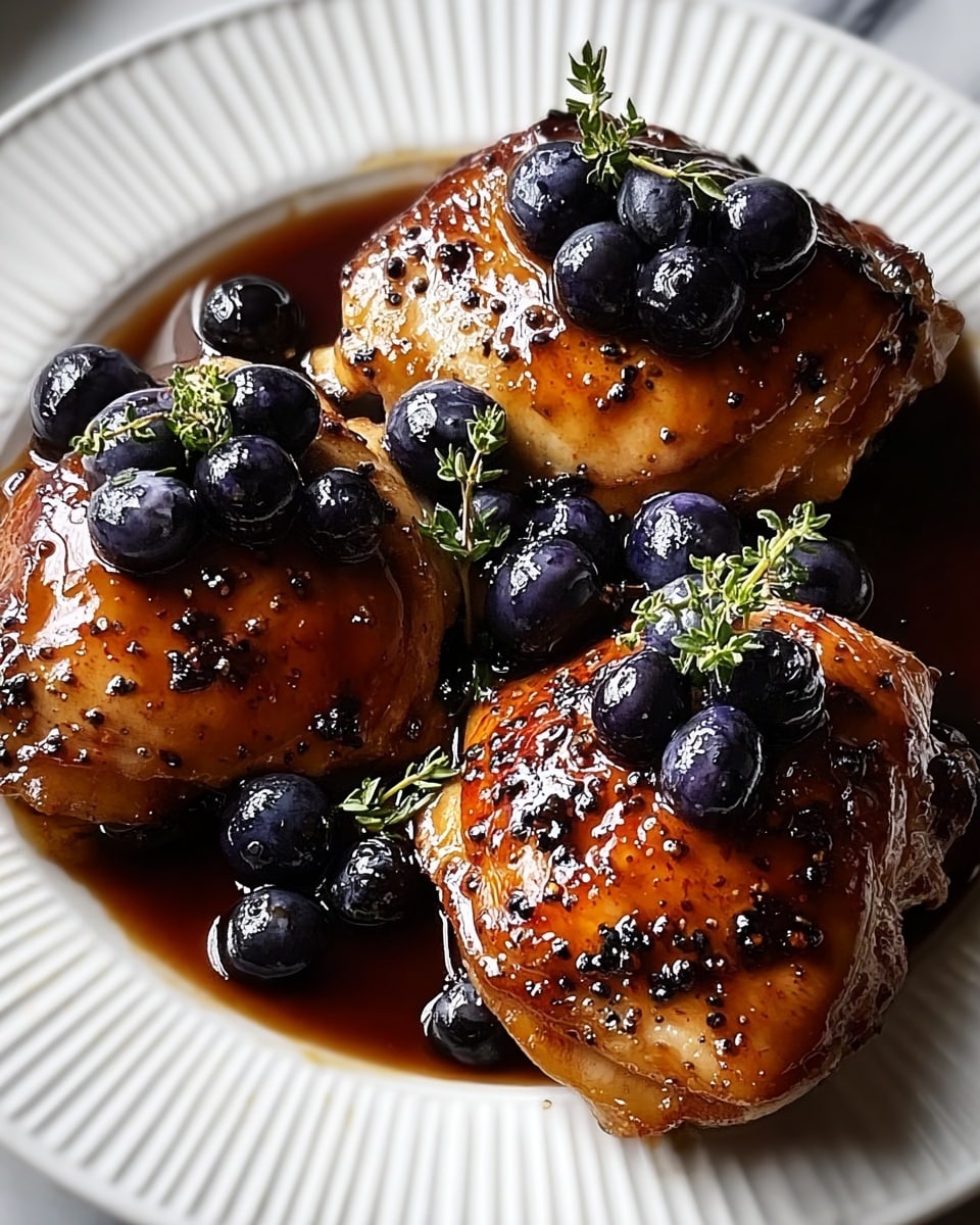 Three pieces of glazed chicken with a shiny, dark brown sauce cover the surface, each piece showing a golden-brown roasted texture with black pepper flakes scattered on top. Each chicken piece is crowned with a small cluster of glossy, deep purple blueberries and small green thyme sprigs adding fresh color. The chicken rests in a pool of thick, dark sauce on a white plate that has subtle ridged edges, all placed on a white marbled textured surface. Photo taken with an iphone --ar 4:5 --v 7