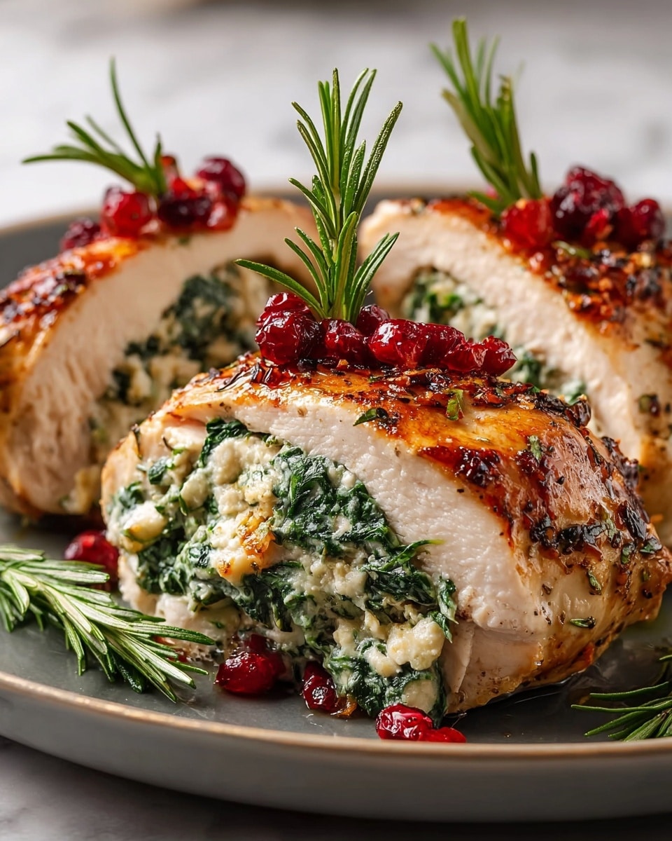 The image shows three thick pieces of cooked chicken breast stuffed with a creamy green spinach and white cheese mixture inside. The chicken outer layer is golden brown and speckled with herbs, topped with small, shiny red berries, and garnished with a fresh green rosemary sprig on each piece. The dish is placed on a clean white plate, seen against a white marbled texture surface. Bright warm light highlights the moist texture of the chicken and the rich colors of the stuffing and toppings. Photo taken with an iphone --ar 4:5 --v 7