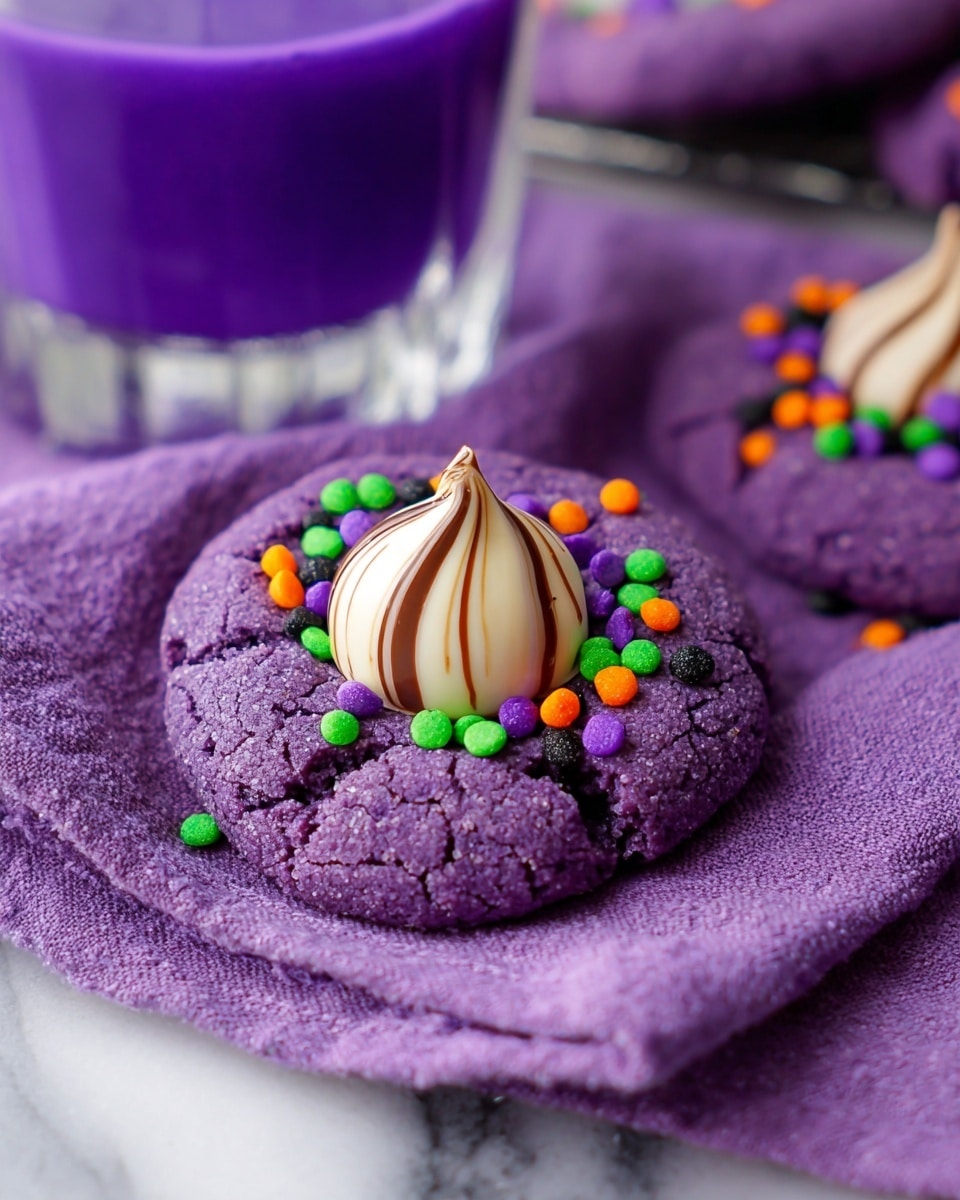 A close-up of a purple cookie with a rough, cracked texture and a white chocolate kiss with brown swirls pressed into its center. The cookie is decorated with small, round sprinkles in bright green, orange, black, and purple colors around the chocolate kiss. It is placed on a soft purple cloth, with another similar cookie partially visible behind it and a purple drink in a clear glass in the background, all set on a white marbled surface. photo taken with an iphone --ar 4:5 --v 7