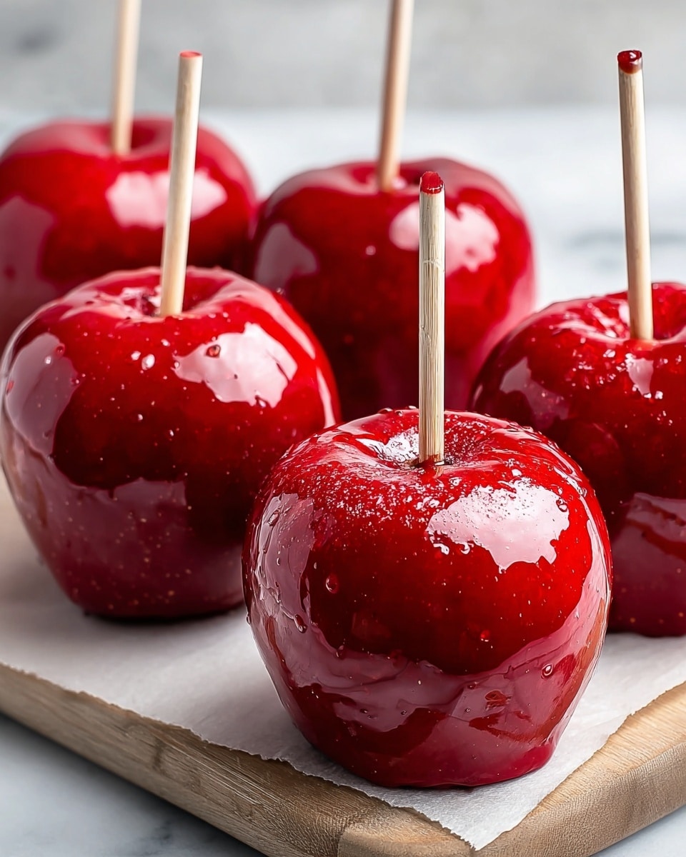 Five shiny red candy apples with smooth, glossy red coating cover whole round apples, each pierced by a light wooden stick from the top. The apples rest close together on a light wooden board, placed on a white marbled surface. The candy coating looks thick and wet, reflecting light with a glassy texture. Photo taken with an iphone --ar 4:5 --v 7