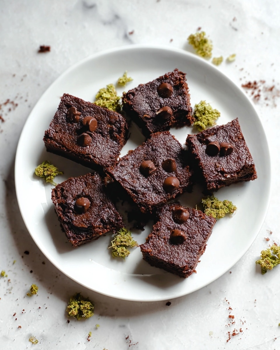 A white plate with eight square pieces of dark chocolate brownies arranged in a slightly scattered pattern. Each brownie has a rough texture and is topped with a few glossy chocolate chips. Around the brownies, there are small light green dried flower-like clusters placed as decoration. The plate is set on a white marbled textured surface with some brownie crumbs around, giving a casual and rustic look. photo taken with an iphone --ar 4:5 --v 7