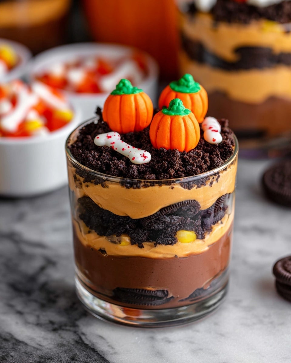 The image shows a clear cup filled with three visible layers: the bottom layer is black cookie crumbs, the middle layer is creamy white, and the top layer is thick and dark brown cookie crumbs that look like soil. On top, there are three small bright orange pumpkin-shaped candies with green stems placed closely together. The cup sits on a white marbled surface, and a few similar pumpkin candies are scattered around it. The photo taken with an iphone --ar 4:5 --v 7