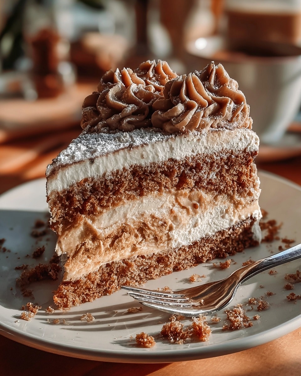 A slice of layered cake sits on a white plate with a silver fork resting beside it. The cake has three layers: the bottom and top layers are a moist, crumbly brown cake, while the middle layer consists of light brown creamy filling mixed with white cream. A thick white cream layer tops the cake, decorated with swirls of darker brown cream and a dusting of powdered sugar. Crumbs scatter lightly around the plate. The background shows a blurred setting with warm tones and soft light. Photo taken with an iphone --ar 4:5 --v 7