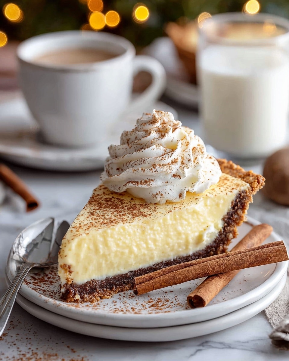 A slice of creamy custard pie with three distinct layers: the bottom layer is a dark brown, crumbly crust, the middle layer is thick and pale yellow custard filling, and the top layer is a swirl of white whipped cream dusted with light brown cinnamon powder. The pie slice sits on a white plate with visible light brown cinnamon powder sprinkled around it. Next to the slice on the plate is a cinnamon stick and a silver spoon. In the background, there is a white cup filled with coffee on a saucer and a glass of milk, all placed on a white marbled surface. Warm bokeh lights add a cozy atmosphere. Photo taken with an iphone --ar 4:5 --v 7
