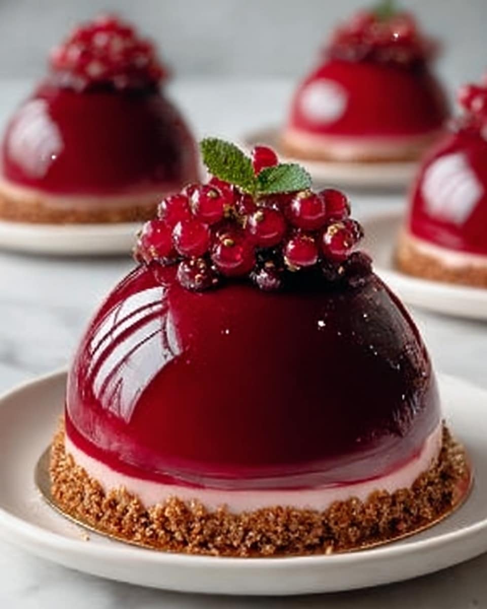 A small round dessert with a shiny red glaze covers the top and sides, sitting on a thin pale beige cookie-like base. The bottom edge has a scalloped white layer that looks like cream or white chocolate, with some red glaze dripping onto it. The top is decorated with bright red pomegranate seeds and a few small green pistachio pieces, adding texture and color contrast. The dessert is on a simple white plate with a thin gold rim, placed on a white marbled surface, with two similar desserts blurred in the background. photo taken with an iphone --ar 4:5 --v 7