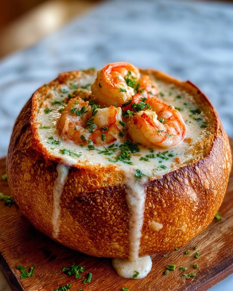 A round bread bowl with a dark golden-brown crust filled with creamy, white cheese dip that is thick and smooth, spilling slightly over the sides. On top of the cheese dip are several bright orange pieces of cooked shrimp, scattered across the surface. The dip is garnished with finely chopped green herbs that add a fresh pop of color. The bread bowl sits on a wooden board with a white marbled background blurred softly behind. photo taken with an iphone --ar 4:5 --v 7
