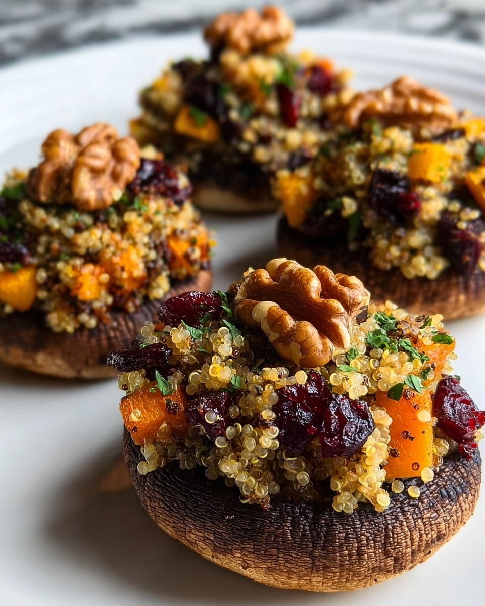Four stuffed mushrooms are placed on a white plate over a white marbled texture surface. Each mushroom has a dark brown base with a textured, slightly crispy edge. The mushrooms are topped with a colorful, grainy layer of light golden quinoa mixed with small orange cubes, likely roasted squash or sweet potato, dark red dried cranberries, and green herbs. Each stuffed mushroom is finished with a whole walnut placed at the top center, adding a rich brown, rough texture contrasting with the softer quinoa mix. The close-up view highlights the detailed textures and colors. Photo taken with an iphone --ar 4:5 --v 7