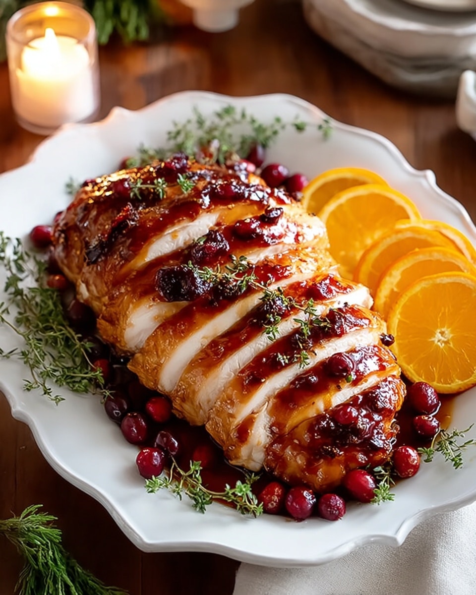A sliced roasted chicken breast on a white plate with a wavy edge, glazed with a shiny dark red cranberry sauce scattered on top and around, garnished with bright green sprigs of thyme placed along the sides. The chicken is sliced into seven pieces showing moist white meat inside, positioned in the center of the plate. Around the chicken are three halved fresh oranges with bright orange color and visible juicy texture. The plate sits on a white marbled surface with a soft white cloth beside it, a small lit candle in a cream holder on the left, and blurred greenery in the background. photo taken with an iphone --ar 4:5 --v 7