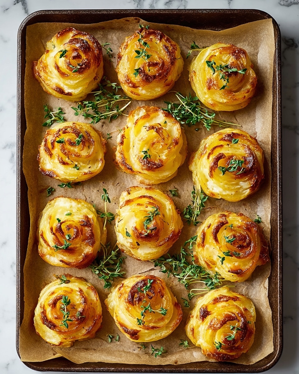 The image shows a metal baking tray filled with twelve golden-brown mashed potato swirls shaped like roses, each with a crisp, slightly browned outer edge and soft creamy inside layers. Each swirl has a small green herb garnish on top, adding fresh color contrast. The tray lies on a white marbled surface with some sprigs of greenery around it, enhancing the fresh and natural look of the dish. The texture of the mashed potatoes is smooth but with visible ridges from piping, and the warm golden color from baking highlights the curled, layered shape of each portion. photo taken with an iphone --ar 4:5 --v 7