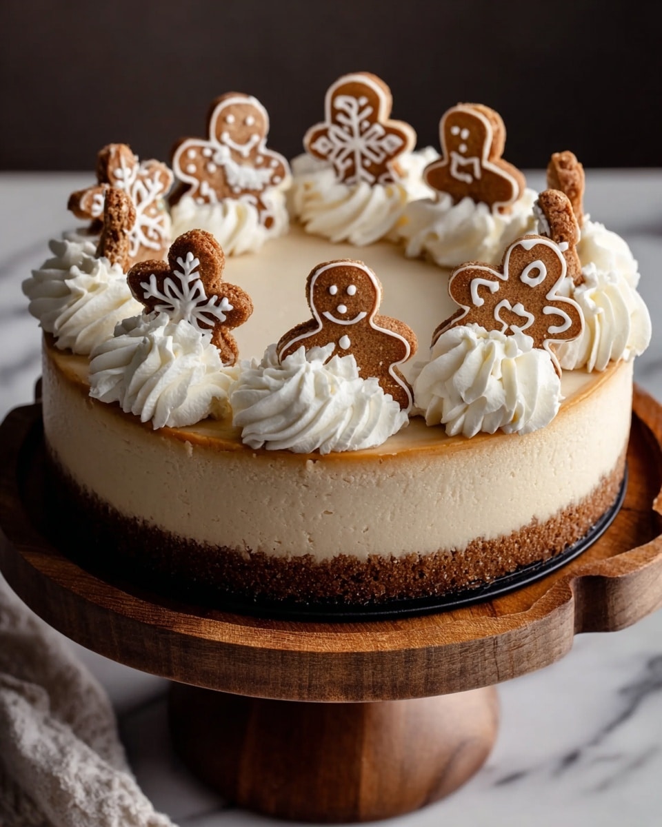A round cheesecake with three visible layers: a dark brown crumbly crust at the bottom, a thick light beige creamy middle layer, and a smooth light cream top layer. Around the edge of the cheesecake, large swirls of white whipped cream are piped every few centimeters. Each swirl holds a small gingerbread cookie decorated with white icing; the cookies are in shapes like gingerbread people and snowflakes, each with smiling faces or intricate icing designs. The cake sits on a wooden cake stand with a scalloped edge, all placed on a white marbled surface. Photo taken with an iphone --ar 4:5 --v 7