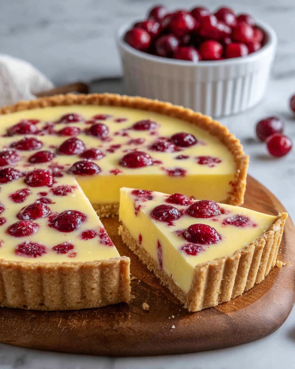 A tart with a golden crust forms the bottom layer, thick and crumbly, holding a smooth creamy yellow filling studded evenly with whole red berries both on top and inside. One slice is cut and slightly pulled away, showing the clean layers and juicy berry bits within the soft custard. The tart sits on a wooden board, with a white ramekin full of the same round red berries blurred in the background, all against a white marbled surface. Photo taken with an iphone --ar 4:5 --v 7