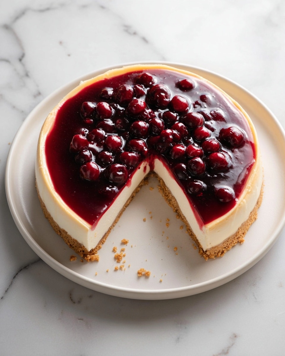 A round cheesecake with three visible layers sits on a white plate on a white marbled surface. The bottom layer is a light brown crumb crust, firm and slightly crumbly. Above it is a thick, creamy white layer of cheesecake, smooth and solid. The top layer is a thick, glossy dark red berry glaze, full of whole shiny berries scattered on the surface. A single slice is cut and slightly pulled out from the cake, showing the clean edges of each layer and more berries on the cut slice’s top. photo taken with an iphone --ar 4:5 --v 7
