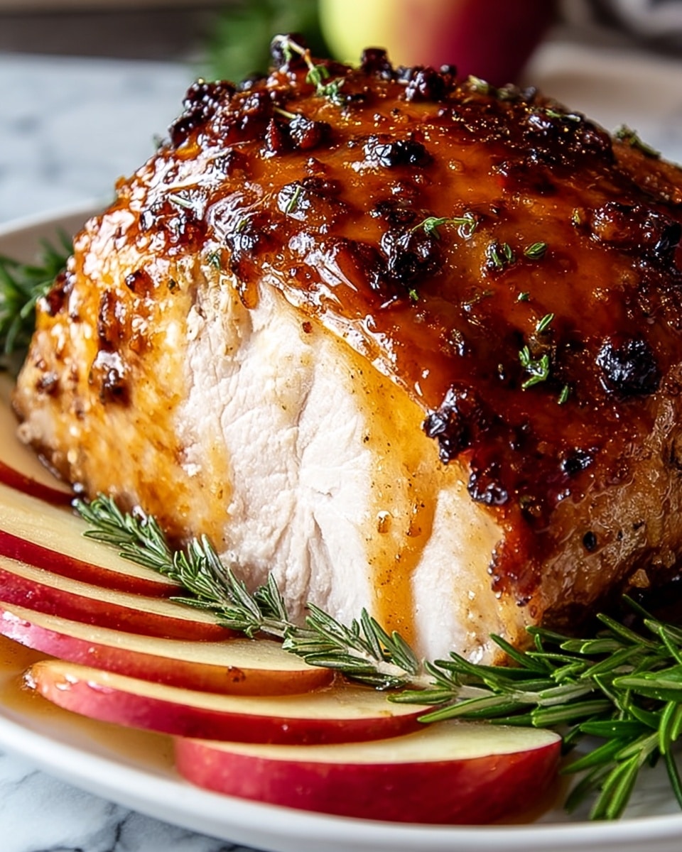 A close-up view of a large piece of roasted turkey breast with a shiny, golden-brown glaze covering the top, speckled with small dark crispy bits. The turkey is sliced to reveal tender, juicy white meat inside. The turkey sits on a white plate, surrounded by thin slices of red apple with pale yellow flesh and sprigs of fresh green rosemary. The plate is set against a white marbled textured surface. photo taken with an iphone --ar 4:5 --v 7