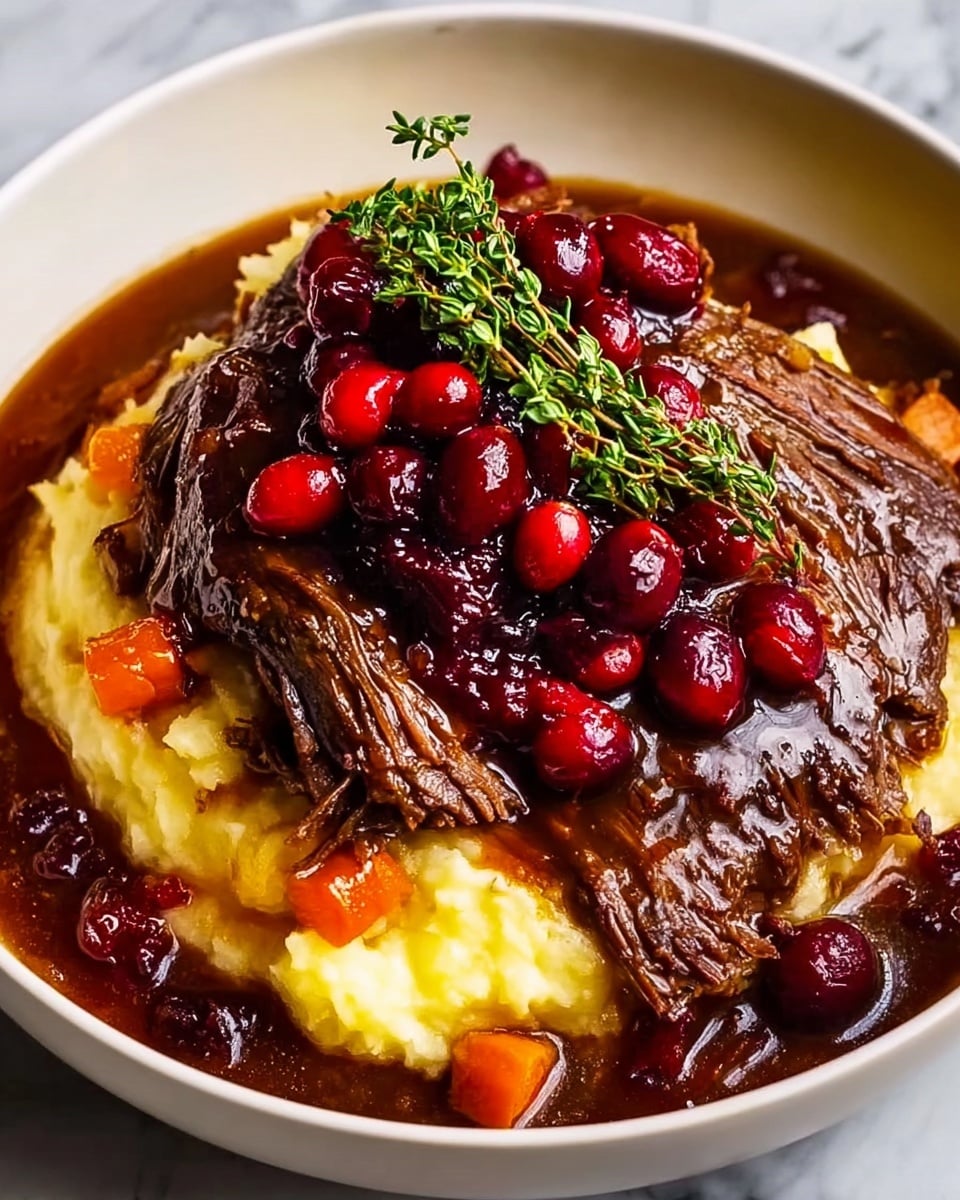 A white bowl holds a rich, slow-cooked dark brown beef roast with visible strands showing its tender texture. Below the beef is a layer of creamy, pale yellow mashed potatoes. Surrounding the beef and mashed potatoes are small orange carrot slices and dark red cranberries mixed in a glossy, dark brown sauce that coats the beef and pools in the bowl. On top of the beef, a heap of shiny whole cranberries is garnished with a small bunch of fresh green thyme, creating a vibrant contrast. The bowl sits on a white marbled surface. photo taken with an iphone --ar 4:5 --v 7