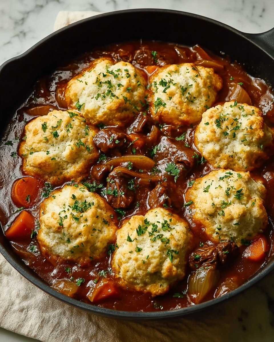 A black skillet holds a rich beef stew base filled with tender brown meat chunks, soft orange carrot pieces, and translucent cooked onion slices in a thick reddish-brown sauce; on top, five rounded biscuit dollops with a golden-brown crust sit evenly spaced, each biscuit textured with a soft, crumbly surface and sprinkled with finely chopped green herbs. The skillet rests on a soft off-white cloth over a white marbled textured surface. photo taken with an iphone --ar 4:5 --v 7
