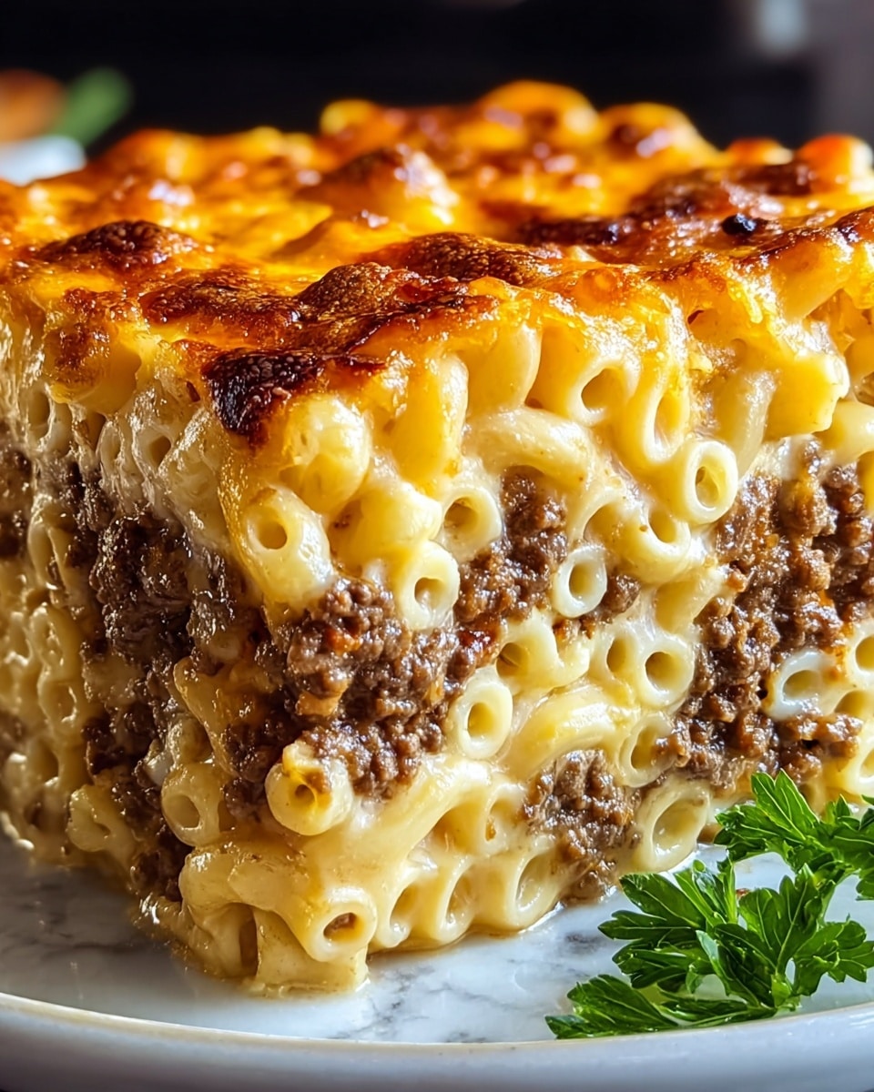 A close-up of a thick square slice of baked macaroni and cheese with ground beef, showing three main layers: the bottom layer has soft cooked macaroni in a creamy cheese sauce, the middle layer is a dense filling of cooked ground beef mixed with cheese, and the top layer is a golden brown melted cheese crust with some darker browned spots. The macaroni pieces are tubular and pale yellow, the beef is dark brown, and the cheese sauce looks smooth and shiny. The slice is placed on a white plate with a hint of green parsley on the side, set on a white marbled surface. photo taken with an iphone --ar 4:5 --v 7