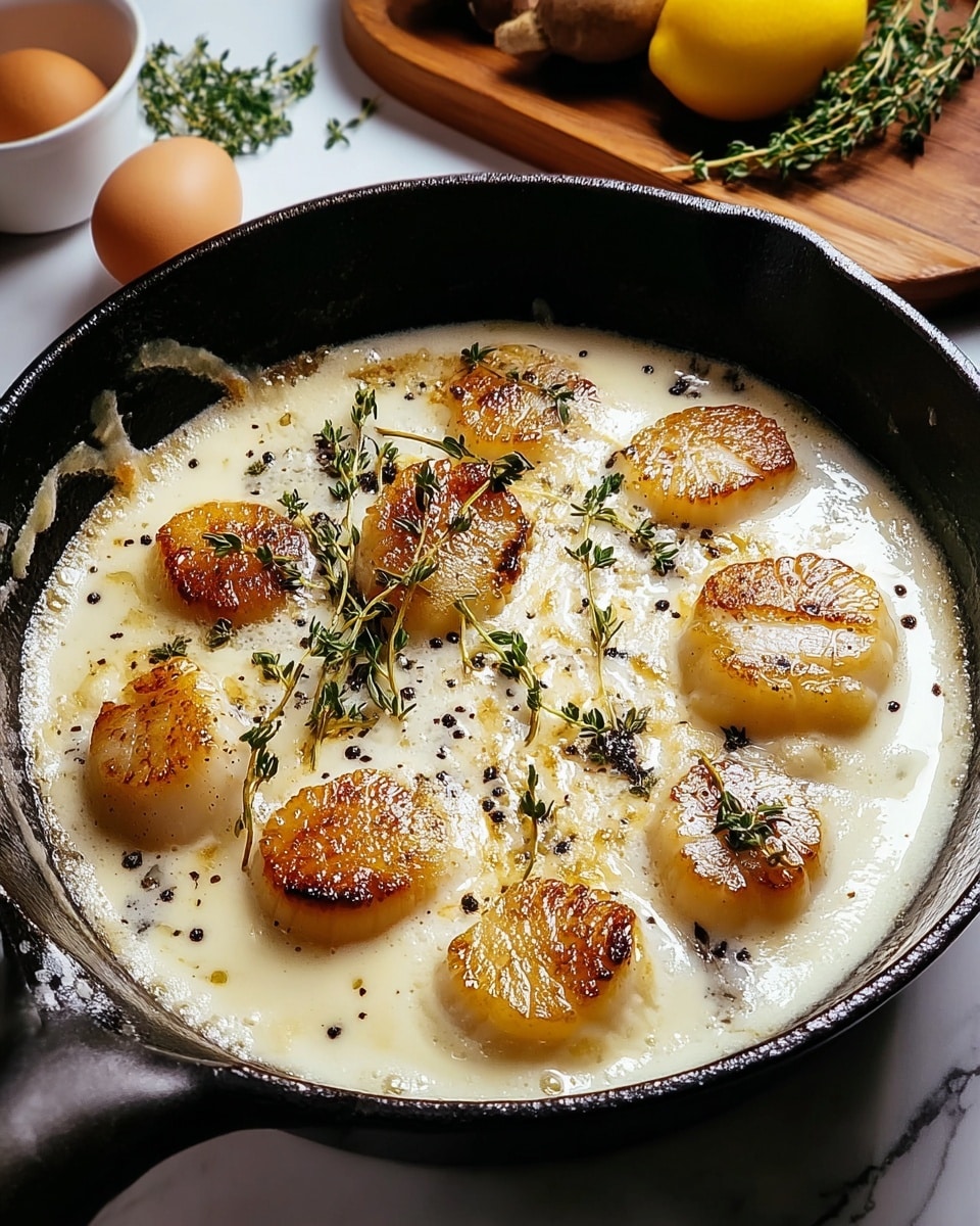 The dish shows a black cast iron pan filled with a creamy white sauce layer, topped with eight golden brown seared scallops that have a slightly caramelized texture. Small black pepper specks are sprinkled on top, along with fresh green thyme sprigs scattered across the scallops and sauce. The pan rests on a white marbled texture surface with a wooden board and some herbs and eggs partially visible in the background. Photo taken with an iphone --ar 4:5 --v 7