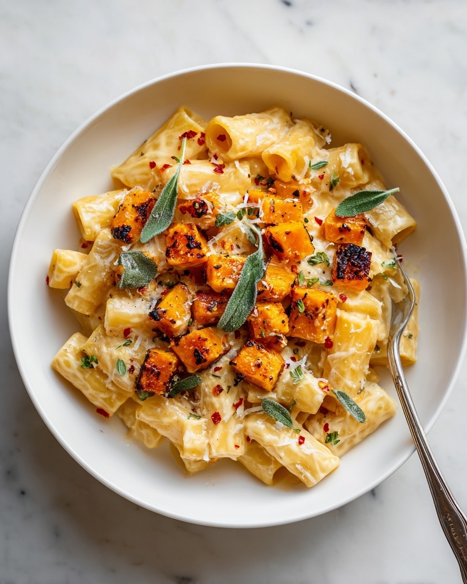 A white bowl filled with one layer of creamy rigatoni pasta coated in a smooth light yellow sauce, topped with a layer of golden-brown roasted butternut squash cubes, some charred edges visible, sprinkled with small red chili flakes and grated white cheese, garnished with fresh green sage leaves scattered on top, a silver fork placed inside the bowl to the right, all set on a white marbled texture. photo taken with an iphone --ar 4:5 --v 7