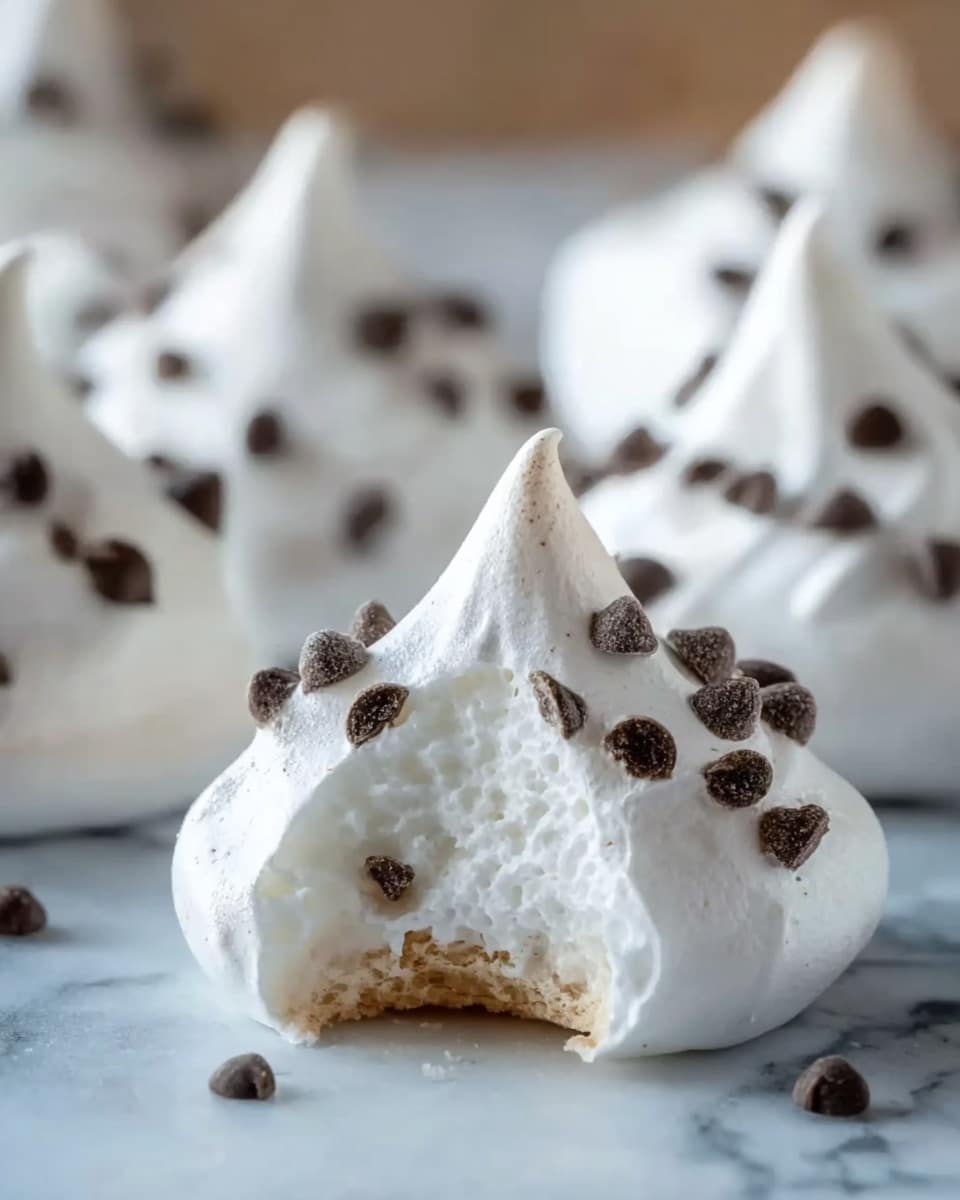 The image shows a close-up of small meringue kisses with a pointed peak shape. Each meringue is mostly white, fluffy, and glossy with a smooth texture, dotted with dark brown chocolate chips scattered on top and inside. One meringue in the front has a bite taken out, showing a soft, airy white inside with a light golden-brown base layer that is slightly crumbly and firm. These meringues rest on a surface with a white marbled texture, softly blurred in the background to keep focus on the front treat. Photo taken with an iphone --ar 4:5 --v 7