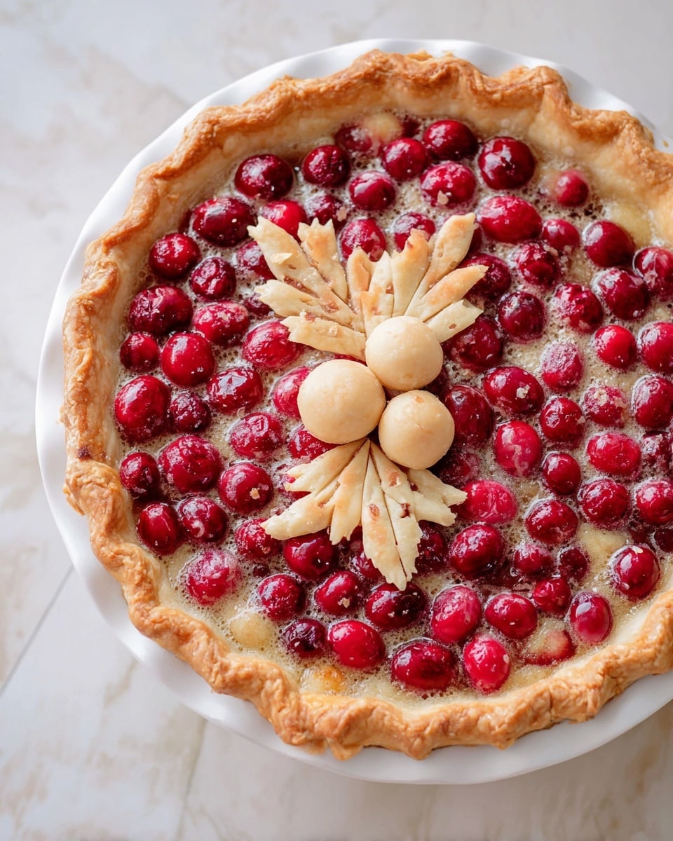 The image shows a pie with a golden brown, flaky crust that is crimped along the edges. The filling is made of bright red cranberries that are whole and slightly glossy, mixed with a light bubbly sauce that fills the gaps between the berries. On top of the filling, near the edge, there are three small round crust balls and two leaf-shaped crust decorations with light brown details, placed close together like a small cluster. The pie sits on a white plate, and the background is a white marbled texture. photo taken with an iphone --ar 4:5 --v 7
