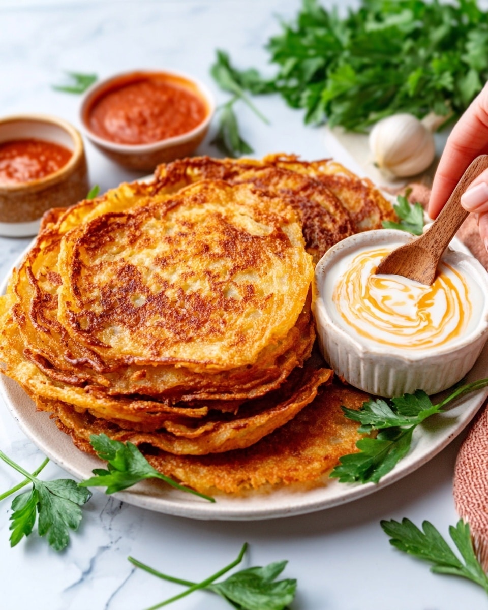 A white plate holds several golden-brown, crispy potato pancakes stacked with visible layers of thinly shredded potatoes that are slightly curled at the edges and seasoned with green herbs. Next to the pancakes, a small white bowl is filled with creamy white sour cream topped with small chopped green chives. The plate is set on a white marbled surface. photo taken with an iphone --ar 4:5 --v 7