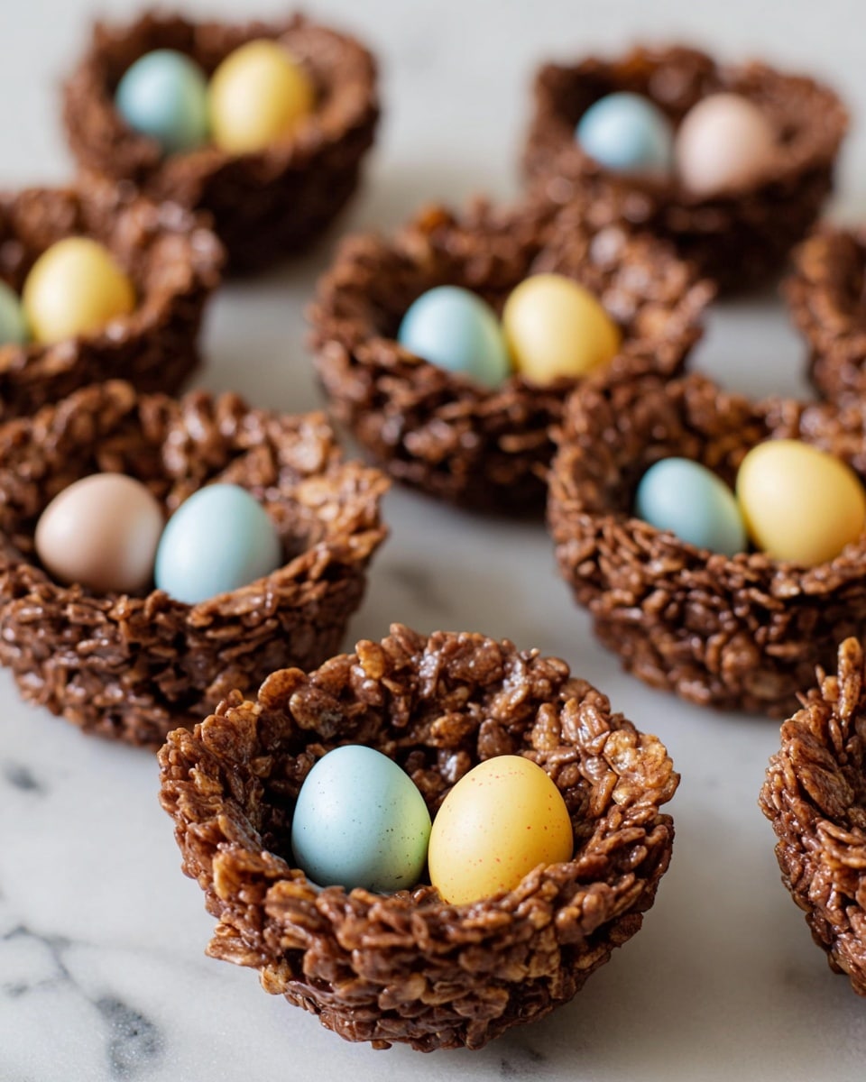 The image shows multiple small chocolate nests placed on a white marbled surface. Each nest has a rough, textured outer layer made of chocolate and crispy cereal, forming a bowl shape. Inside each nest, there are three small, smooth eggs in pastel colors, including yellow, light blue, and pale pink. The nests are arranged in rows, filling the frame, with a shallow depth of field focusing on the front nests. The overall look is rich and festive with a mix of rough and smooth textures. photo taken with an iphone --ar 4:5 --v 7