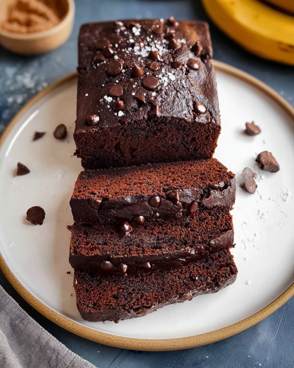 A dark chocolate loaf cake is placed on a white plate, with three slices cut and laid in front of the main loaf. The cake has a rich, moist texture with chocolate chips pressed into the top and sprinkled with a few flakes of coarse salt. The top layer is cracked slightly, showing the dense, fudgy inside. The white plate contrasts with the deep brown of the cake, and the background shows hints of a white marbled texture with some bananas and kitchen items around. photo taken with an iphone --ar 4:5 --v 7