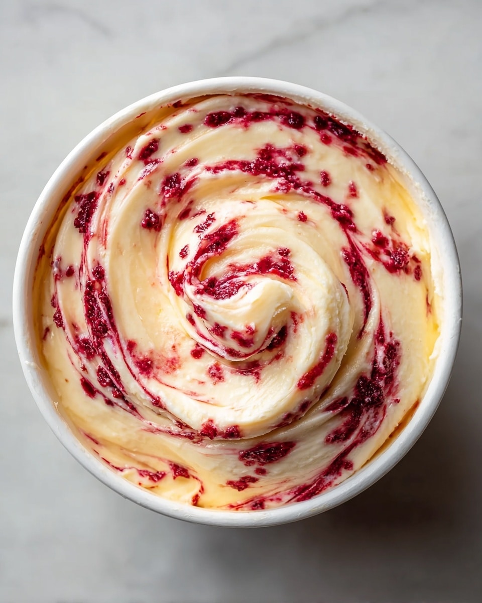 A white bowl filled with a creamy, swirled mixture that has two main layers: a smooth, pale yellow base and bright red berry swirls mixed throughout in a spiral pattern, creating a marbled effect with small berry bits visible. The swirls are thick and textured, sitting on top of the creamy layer and forming a visible peak in the center. This is placed on a white marbled surface. photo taken with an iphone --ar 4:5 --v 7