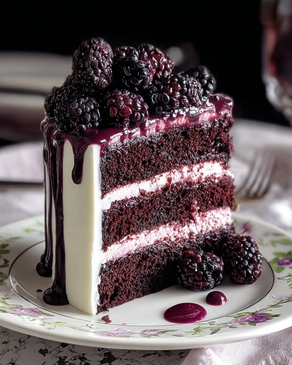 A slice of three-layer dark chocolate cake rests on a white plate with a delicate floral pattern. Each chocolate layer is thick, moist, and deep brown, separated by thin layers of pinkish berry cream. The cake is fully covered in smooth white frosting, with dark purple berry glaze dripping down the sides. On top, there is a pile of shiny blackberries and raspberries, along with a small drizzle of purple sauce on the plate near two extra blackberries. The background has a white marbled texture, and the lighting highlights the rich colors and textures of the cake. Photo taken with an iphone --ar 4:5 --v 7