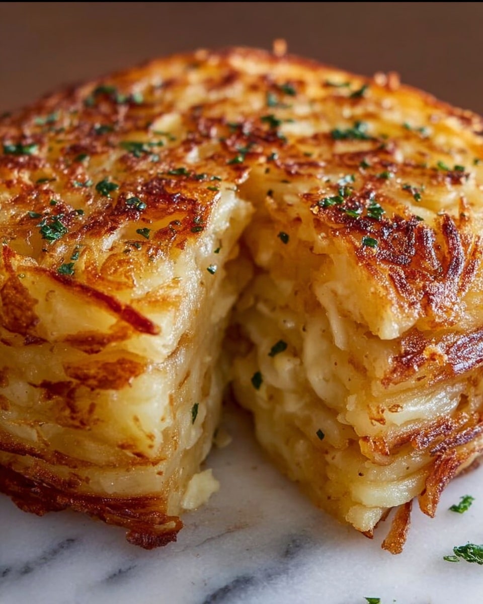 The image shows a thick, round stack of crispy golden-brown hash browns with about six visible layers. Each layer is made of shredded potatoes, lightly browned and crunchy on the outside while soft and tender inside. The top layer has a beautifully toasted texture with small specks of green herbs scattered over it. One slice is cut and slightly lifted, showing the moist, creamy interior and the crisp outer edges. The stack sits on a white marbled surface. photo taken with an iphone --ar 4:5 --v 7