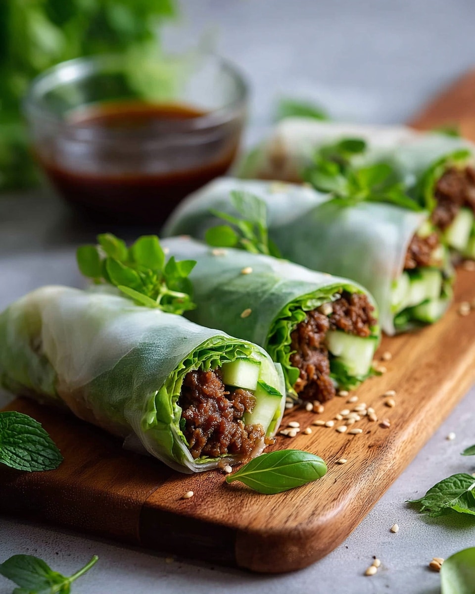 Four fresh spring rolls are arranged on a wooden board placed on a white marbled surface. Each roll is tightly wrapped in translucent rice paper, revealing layers inside: a bright green layer of lettuce, crisp cucumber slices with dark green edges at the bottom, and a rich brown minced meat filling on top. Fresh green herbs peek out from the rolls, adding a touch of vibrant green. Small sesame seeds are scattered around the board. In the background, a clear glass bowl filled with dark brown dipping sauce is slightly blurred. Photo taken with an iphone --ar 4:5 --v 7
