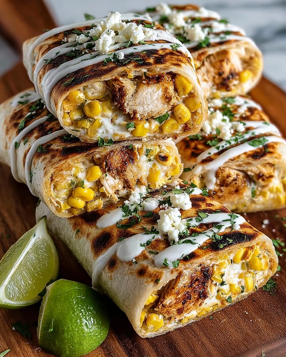 The image shows four grilled burritos cut in half and stacked on a wooden board. The burrito layers include a golden-brown, slightly charred tortilla on the outside. Inside, there are pieces of grilled chicken with visible grill marks, bright yellow corn kernels, and melted white cheese. The burritos are topped with thin white sauce drizzles, crumbled white cheese, and sprinkled green herbs. Two lime wedges with a fresh green color are placed in the front left corner. The background is a white marbled texture. photo taken with an iphone --ar 4:5 --v 7