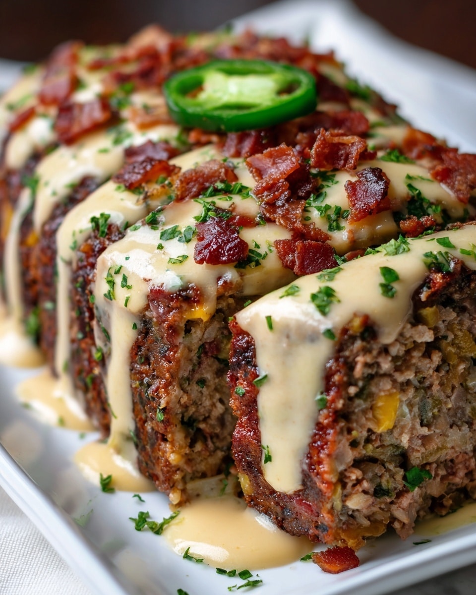 A close-up of a thick meatloaf resting on a white rectangular plate on a white marbled surface, showing a cut slice revealing layers of cooked ground beef mixed with bits of vegetables and cheese inside. The meatloaf is topped with a creamy light yellow sauce drizzled in thin lines, small crispy reddish-brown bacon pieces scattered on top, finely chopped green herbs sprinkled over everything, and a single green jalapeño slice placed near the end. The texture of the meat is dense and moist with visible chunks, and the sauce glistens smoothly over the meatloaf. Photo taken with an iphone --ar 4:5 --v 7