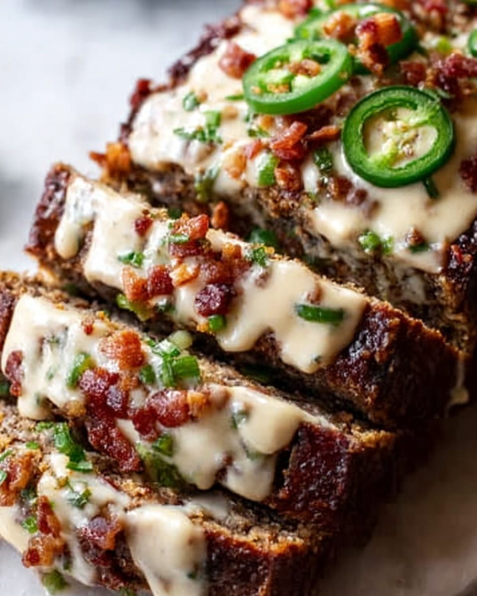 A close-up of a food loaf sliced into thick pieces, featuring multiple layers with a dark brown base that looks moist and dense. The top is covered with a creamy white sauce drizzled generously, small bits of green jalapeño slices, and sprinkled with crispy bacon pieces adding a crunchy texture. The surface beneath is a clean white marbled texture, highlighting the rich colors of the dish. The photo taken with an iphone --ar 4:5 --v 7