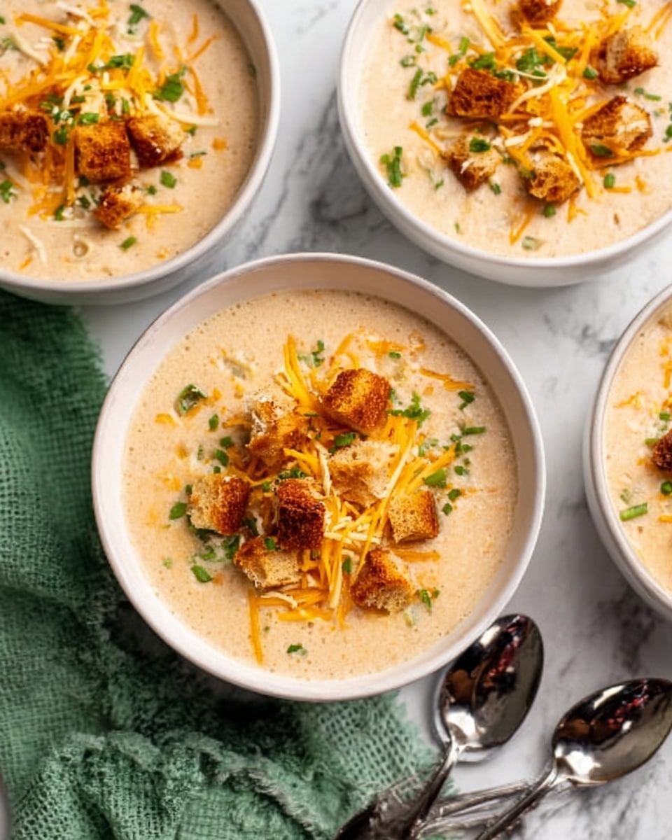 The image shows four white bowls filled with creamy soup, each topped with layers of small brown croutons, shredded orange cheese, and bits of chopped green herbs. The soup has a smooth, light beige color and a thick texture, contrasting with the crunchy toppings. The bowls are placed on a white marbled surface, with a green cloth napkin and two silver spoons nearby. The tops of the bowls are slightly rounded, showing the mixture of soft soup and crunchy garnish clearly. photo taken with an iphone --ar 4:5 --v 7