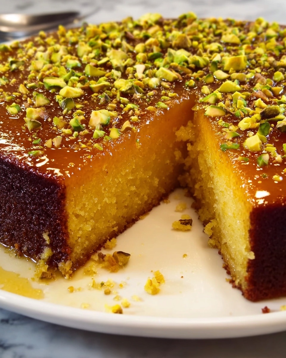 A close-up view of a round cake with one large slice removed, showing two main layers; the bottom layer is thin, dark brown and crisp, while the top layer is thick, dense, and bright yellow with a moist texture. The top surface is covered in a shiny, golden glaze sprinkled with chopped green pistachios. The cake sits on a white plate on a white marbled surface, with a few cake crumbs scattered around. photo taken with an iphone --ar 4:5 --v 7