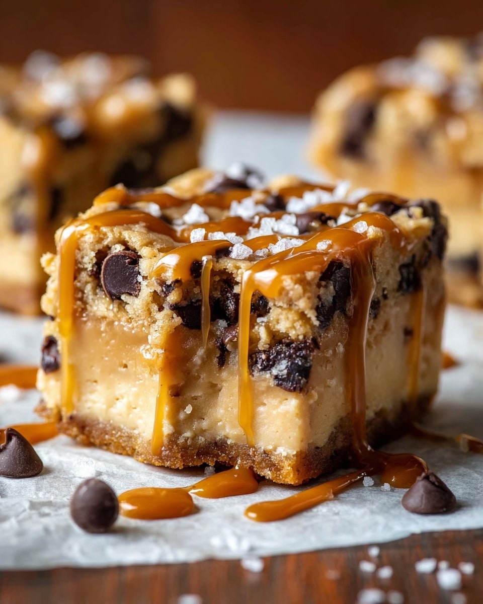 A close-up of a square dessert bar with three visible layers: the bottom layer is light tan and smooth, the middle layer is creamy caramel with dark chocolate chips embedded, and the top layer is a golden baked cookie dough full of dark chocolate chips. The bar is drizzled generously with shiny caramel sauce that runs down the sides, and coarse sea salt is sprinkled on top and around the bar on white parchment paper. The background is blurred with a warm brown wood texture that contrasts with the dessert. photo taken with an iphone --ar 4:5 --v 7