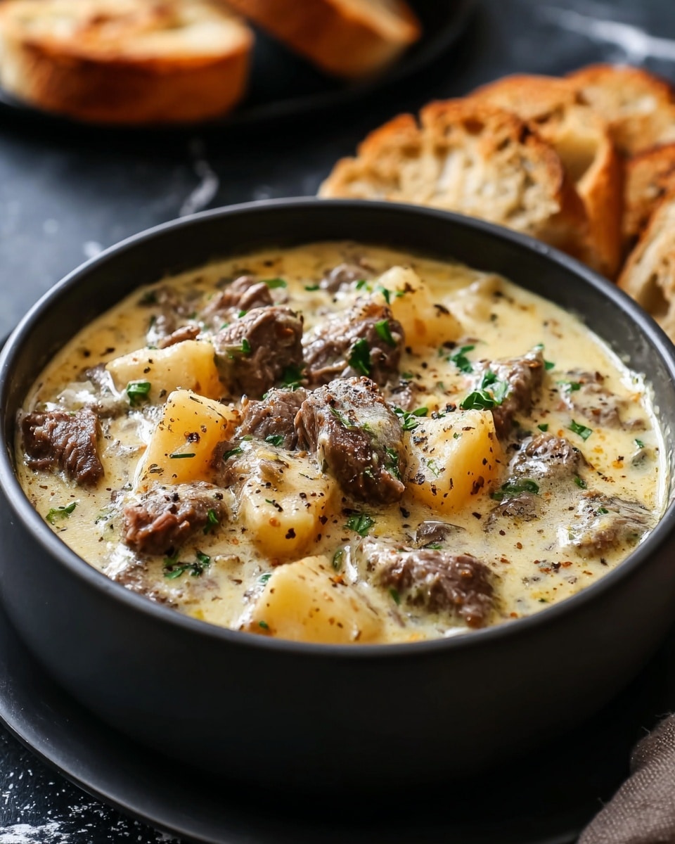 A close-up view of a creamy beef stew served in a round black bowl resting on a black plate, with tender chunks of shredded brown beef and soft, small beige potato pieces mixed in a thick pale yellow sauce speckled with black pepper and green herbs, with soft melted cheese visible throughout; in the blurred background, there are pieces of toasted bread on a black plate against a dark setting with a white marbled texture underneath. Photo taken with an iphone --ar 4:5 --v 7