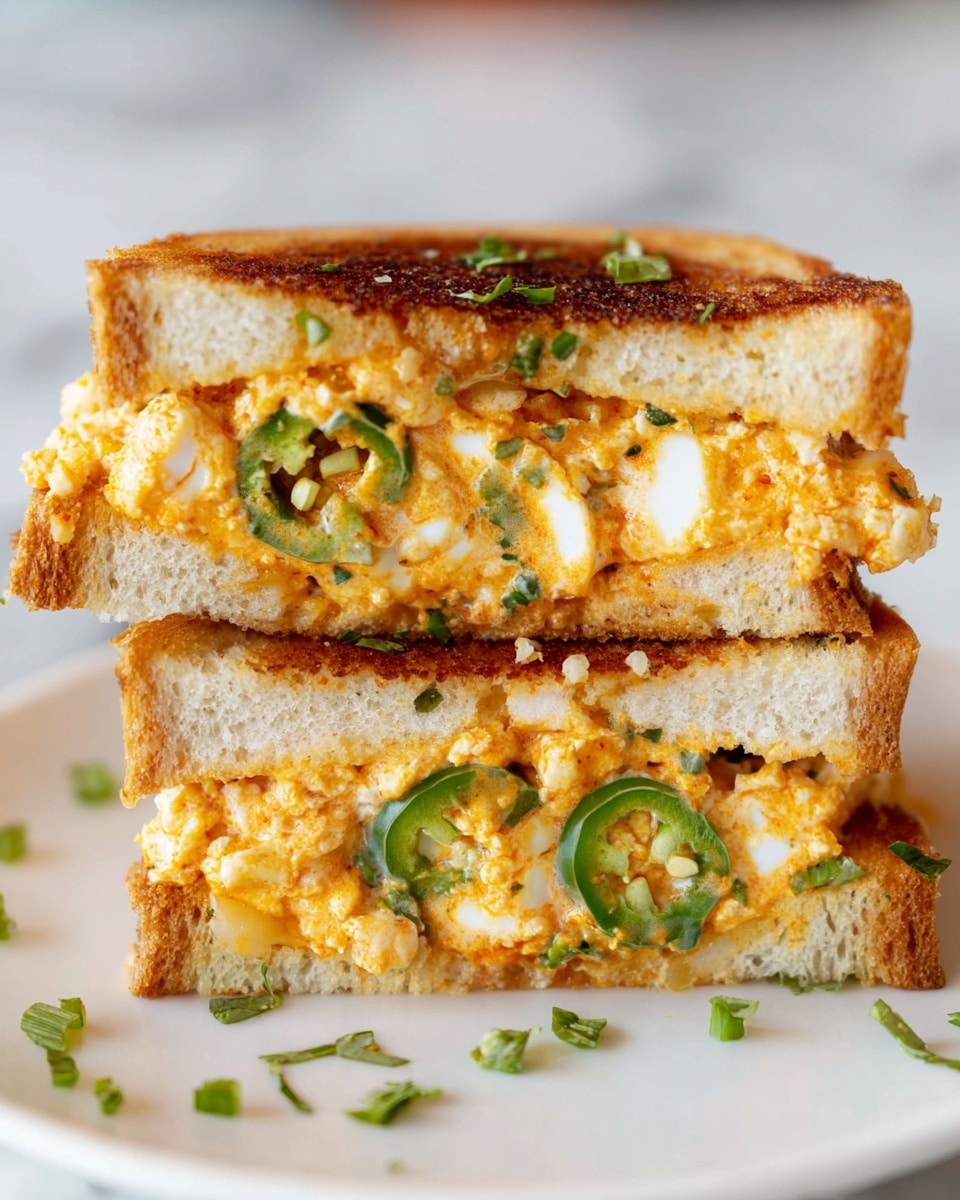 Two square sandwiches stacked on a white plate are shown up close. Each sandwich has three layers: the bottom and top are lightly toasted white bread with a golden crust, the middle layer is a creamy orange mixture with chunks of white boiled eggs and green herbs, and bright green jalapeño slices are visible embedded in the filling. The cheese topping is slightly browned and bubbly, adding texture on top. Small pieces of green herbs are sprinkled around the sandwiches on the plate, which sits on a white marbled surface. photo taken with an iphone --ar 4:5 --v 7