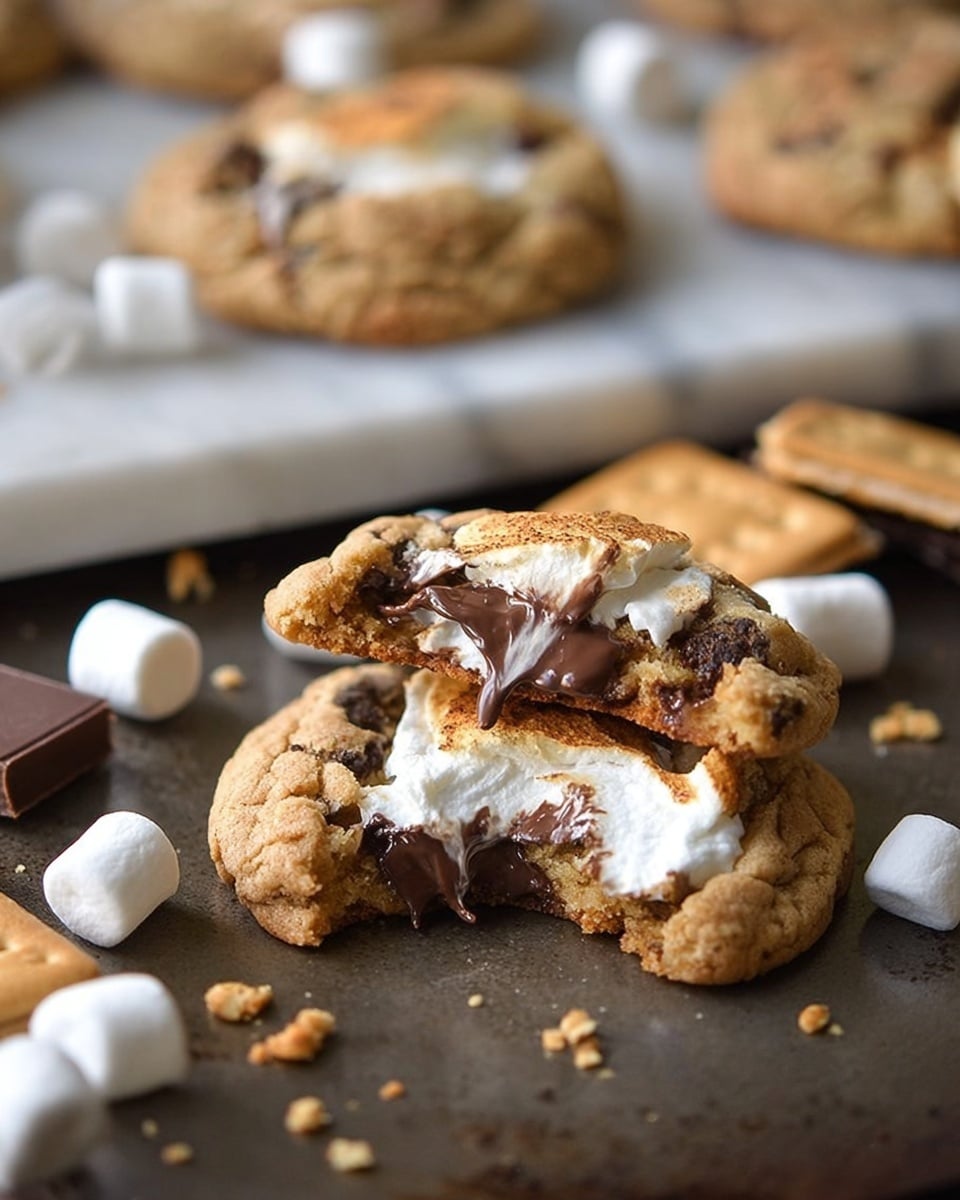 The image shows a close-up of a s'mores cookie on a dark baking sheet. The cookie is split in half, revealing three visible layers inside: a gooey melted chocolate center in dark brown, a stretchy white marshmallow middle layer, and a soft golden-brown cookie dough as the outer layer with a slightly crumbly texture. Around the cookie, there are scattered pieces of white marshmallows, broken golden-beige graham crackers, and a small square of dark brown chocolate. In the background, a white marble surface holds more cookies broken in halves, continuing the pattern of cookie dough, marshmallow, and chocolate layers. The photo has a warm, cozy feeling. photo taken with an iphone --ar 4:5 --v 7