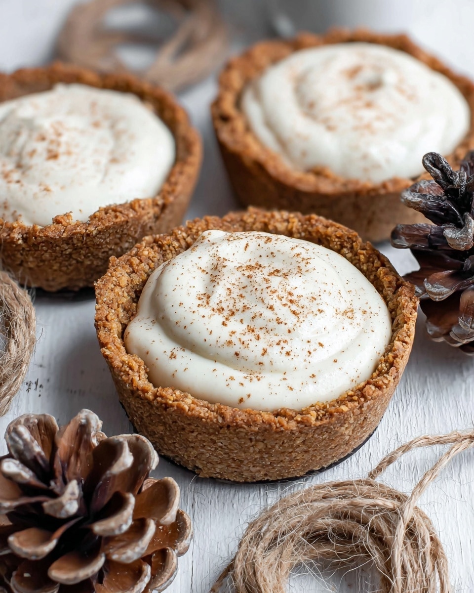 Three small tarts sit on a white marbled surface, each with a thick, crumbly golden-brown crust forming the base and sides. Inside each crust is a smooth, creamy white filling that looks light and fluffy, sprinkled lightly with brown spice on top. Around the tarts are a few rustic brown pine cones and coarse natural twine, adding a cozy, natural touch to the setting. The tarts are close together, showing their textured edges and soft filling clearly. photo taken with an iphone --ar 4:5 --v 7