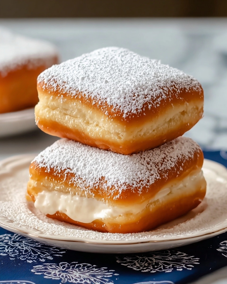 Three square-shaped fried doughnuts sit stacked in a pyramid on a white plate with a subtle scalloped edge. Each doughnut has two visible layers: a golden brown, crispy outer fried layer on top and bottom, and a soft, light beige inner dough layer in the middle. A thick dusting of white powdered sugar covers the top of all doughnuts, giving a snowy texture. The plate rests on a dark blue cloth with a white floral pattern, and a white marbled surface serves as the background. photo taken with an iphone --ar 4:5 --v 7