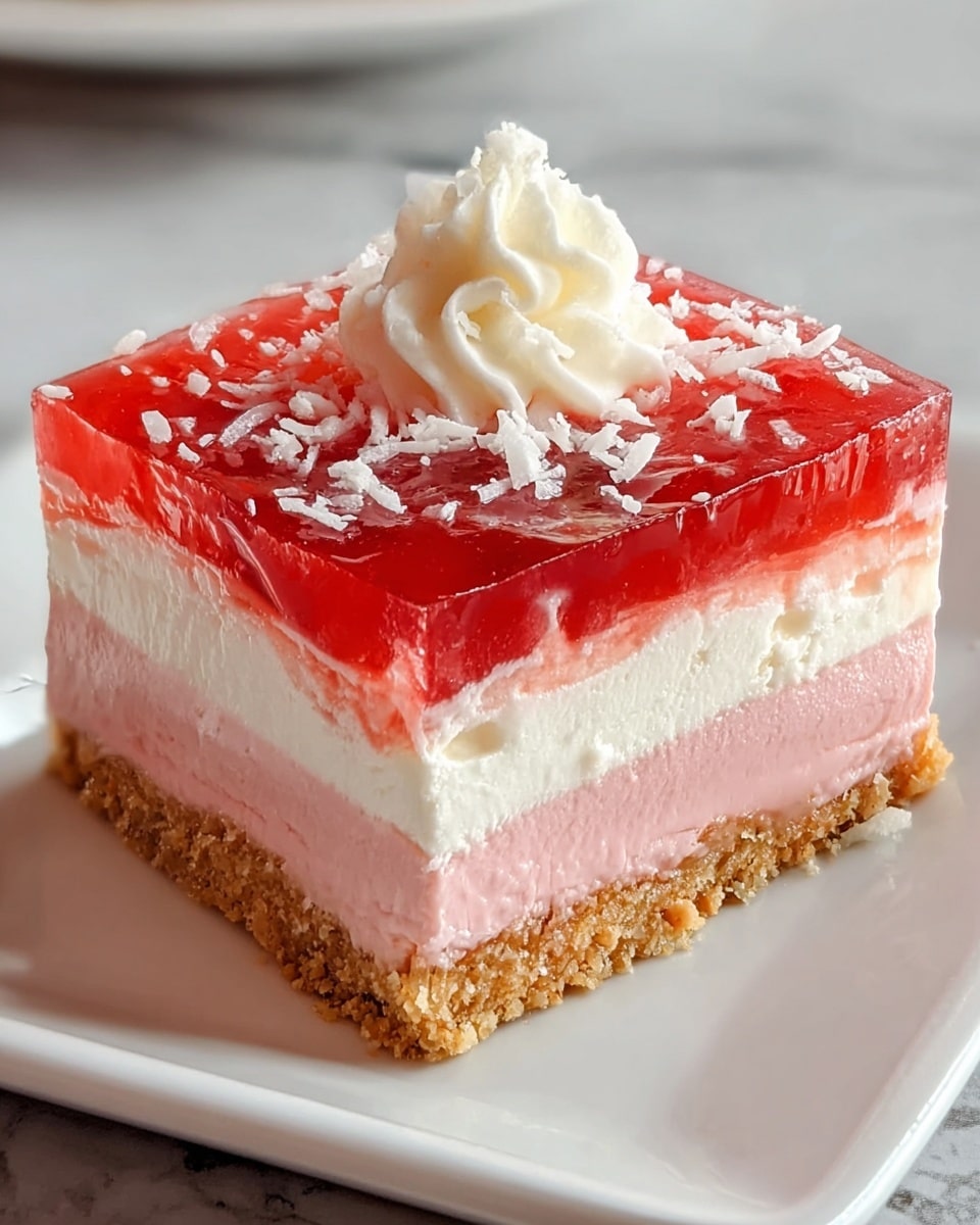 A square dessert with four clear layers sits on a white square plate over a white marbled texture. The bottom layer is a crumbly light brown crust. Above it is a thick pink creamy layer. On top of that is a thick white creamy layer. The top layer is a shiny red jelly-like topping with visible small pieces inside. The dessert is decorated with a small swirl of white whipped cream and white coconut flakes scattered on top. Photo taken with an iphone --ar 4:5 --v 7
