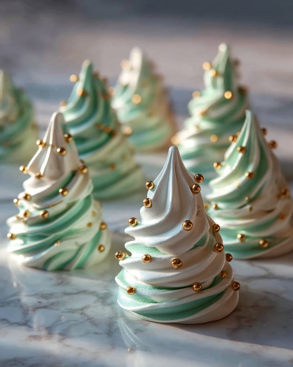The image shows several small meringue treats shaped like Christmas trees with three visible layers. Each tree has swirling layers of white and light green giving it a soft, fluffy look. The trees are decorated with tiny, shiny gold balls placed evenly across the swirls, adding a festive touch. The meringues stand upright on a flat white marbled surface, with soft natural light casting gentle shadows. There are about eight meringue trees, some in clear focus at the front and others softly blurred in the background, creating a depth effect. photo taken with an iphone --ar 4:5 --v 7