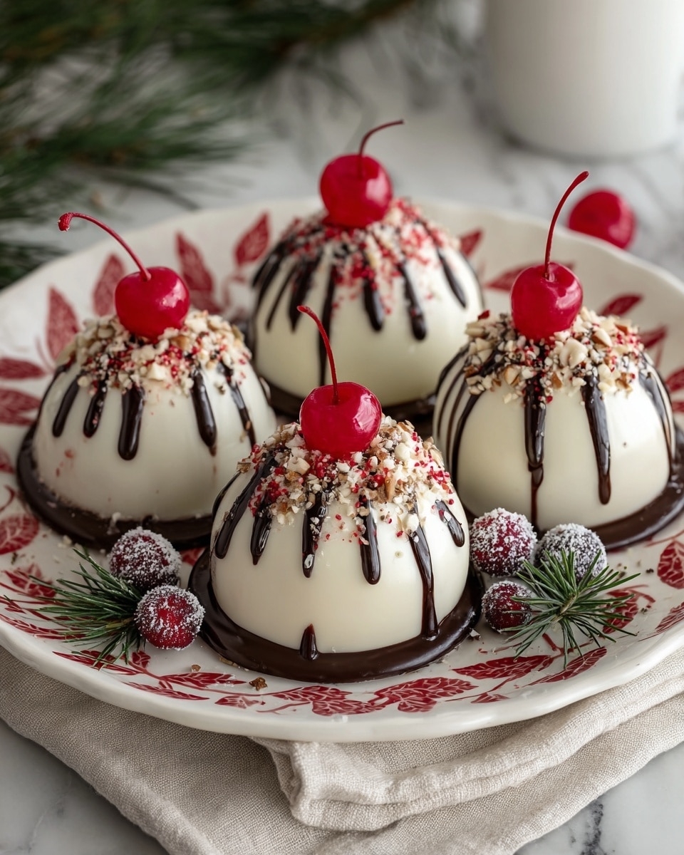 The image shows four round white dome-shaped cakes placed on a white plate with a red leaf pattern around the edge. Each dome has dark chocolate drizzled in a zigzag pattern on top and around the sides. The tops of the cakes are decorated with chopped nuts and red sprinkles, topped with a shiny red cherry with a stem. Each cake sits on a thin dark chocolate base. Around the cakes on the plate are some small dark berries dusted with powder and red sprinkles, along with green pine leaves for decoration. The plate rests on a beige cloth on a white marbled surface. Photo taken with an iphone --ar 4:5 --v 7