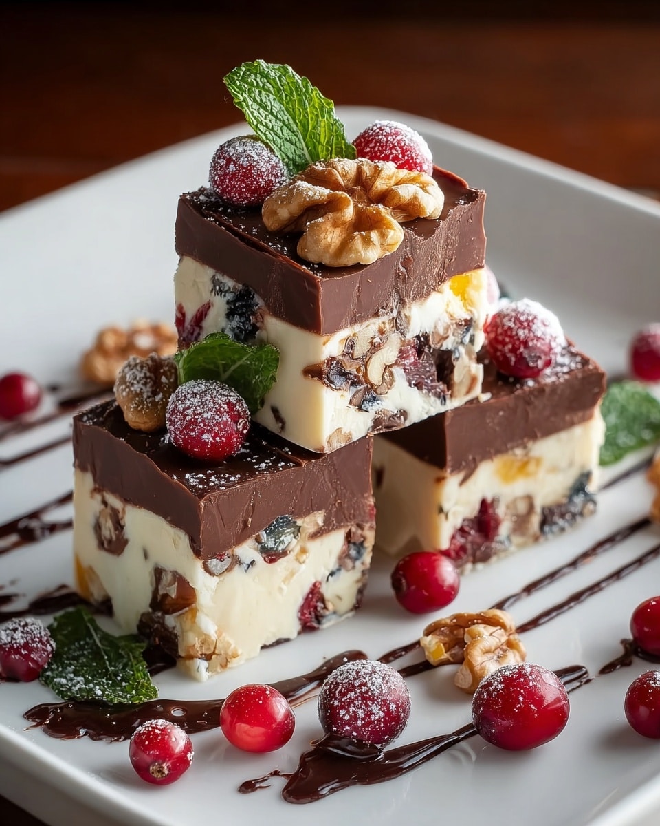 Three square chocolate fudge pieces are stacked on a white plate, each piece showing two clear layers: a smooth, dark brown top layer and a creamy white bottom layer with mixed nuts and dried fruit embedded inside. The top of each piece is decorated with a walnut half, green mint leaves, and bright red cranberries dusted lightly with powdered sugar. The plate is drizzled with dark chocolate sauce, with extra cranberries scattered around, all set on a white marbled surface. photo taken with an iphone --ar 4:5 --v 7
