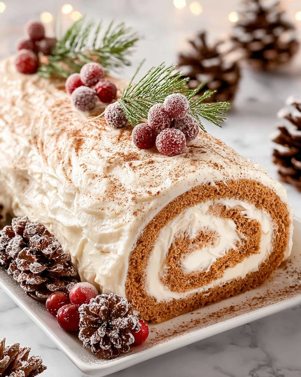A rolled cake with two visible layers of light brown sponge and thick, creamy white filling swirled inside, covered with a textured, creamy white frosting dusted lightly with brown powder on top. The cake is decorated with frosted red berries and green sprigs placed on top, and surrounded by pinecones dusted with white and small red berries around the edges, all on a white, rectangular plate. The scene is set on a white marbled texture with a soft, bright background. photo taken with an iphone --ar 4:5 --v 7